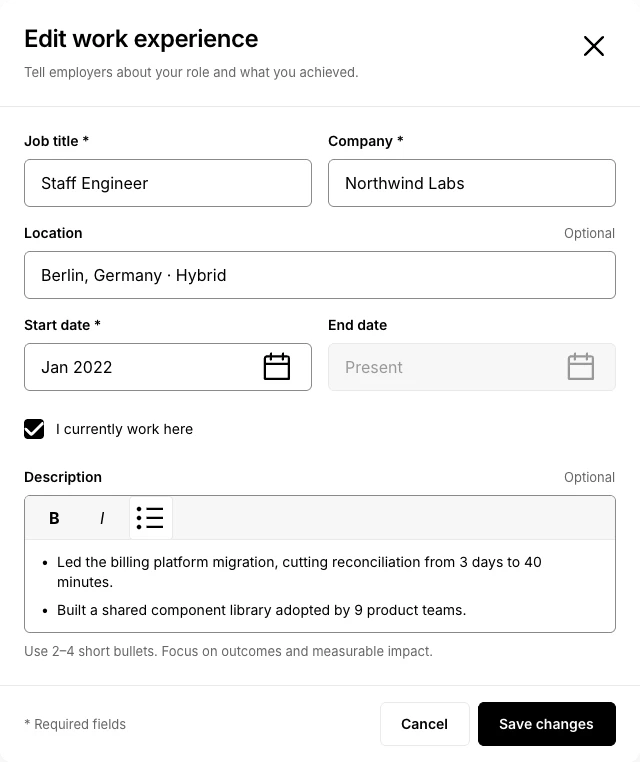 CV Peers editor showing the Edit work experience form